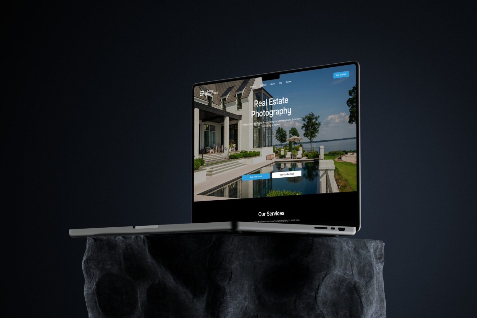 Elevated Productions – professional real estate media website mockup by Weble Studio